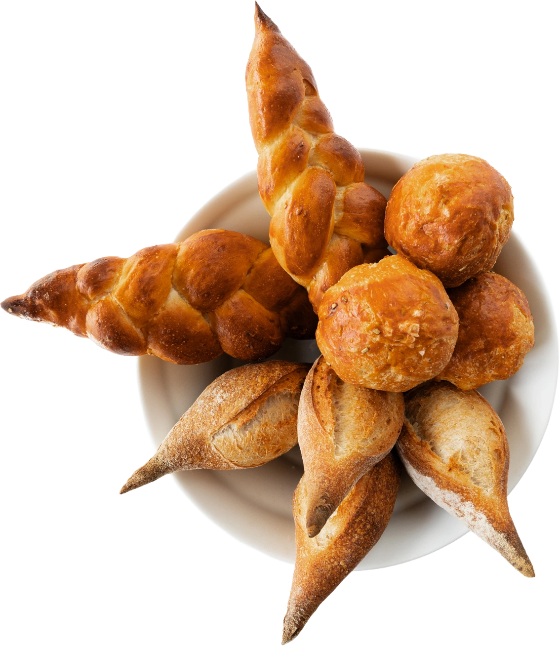Schaal met gevlochten broodjes, bolletjes en puntige stokbroodjes